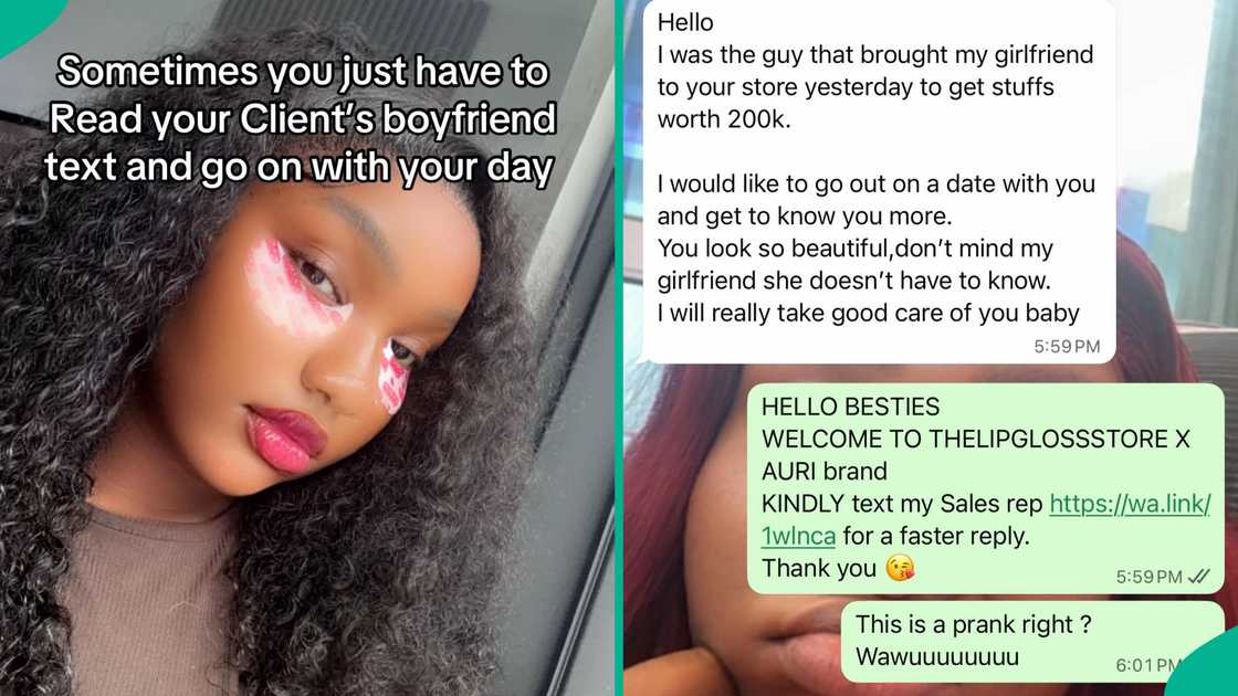 A businesswoman shows the message she receives from a man who brought his girlfriend to his store