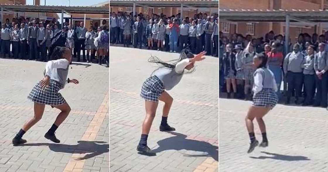 Girl dances with energy on assembly ground