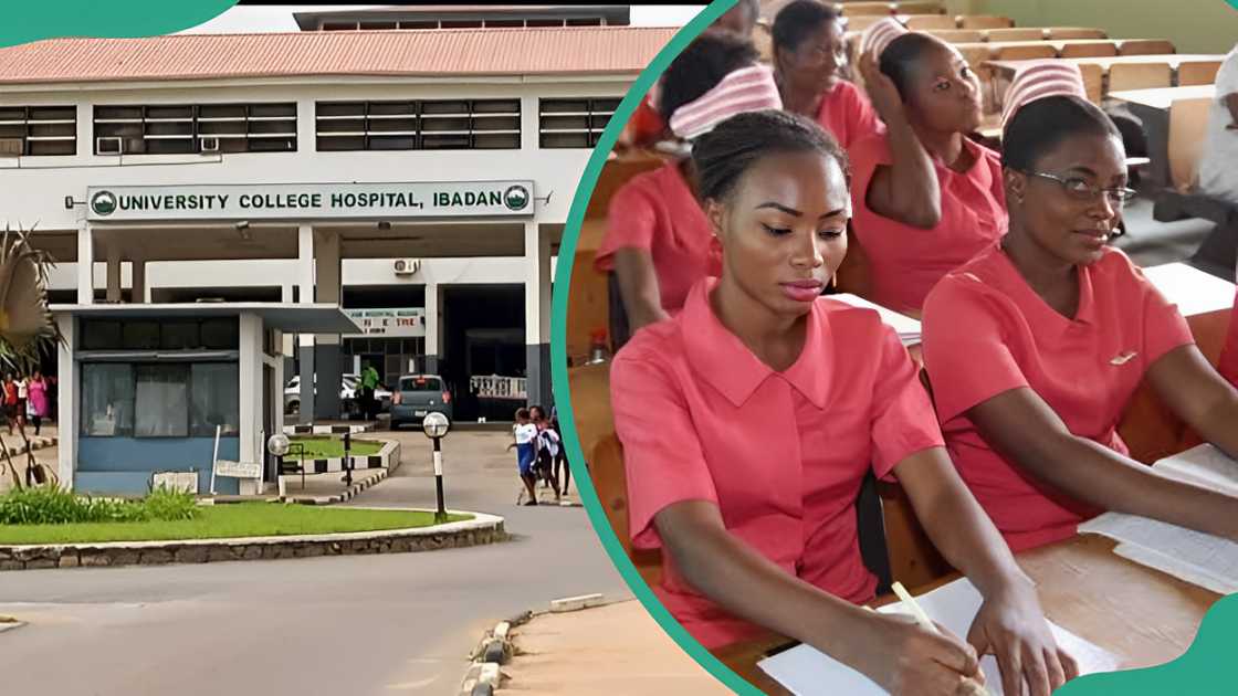 University College Hospital building (L). UCH nursing students in class (R).