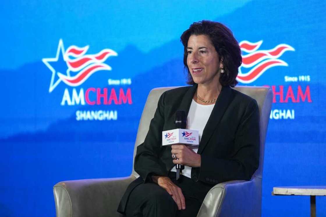 US Secretary of Commerce Gina Raimondo speaks at AmCham Shanghai's Women's Executive Network's 2023 WeForShe Conference in Shanghai on August 30, 2023. US Secretary of Commerce Gina Raimondo speaks at AmCham Shanghai's Women's Executive Network's 2023 WeForShe Conference in Shanghai on August 30, 2023.