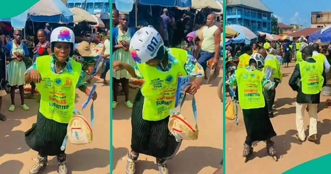 Lady who attends Lord's Chosen evangelises at market in skating shoes. Lady who attends Lord's Chosen evangelises at market in skating shoes.