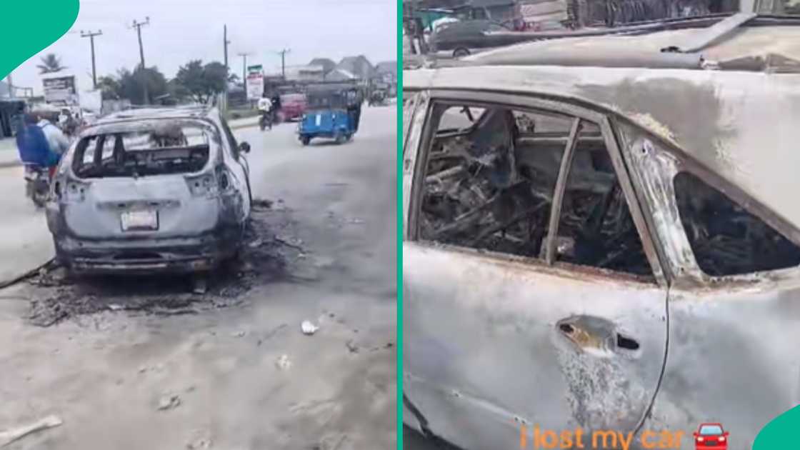 A Nigerian man burst into bitter tears as he watches his car burn to ashes on the road in his presence. A Nigerian man burst into bitter tears as he watches his car burn to ashes on the road in his presence.