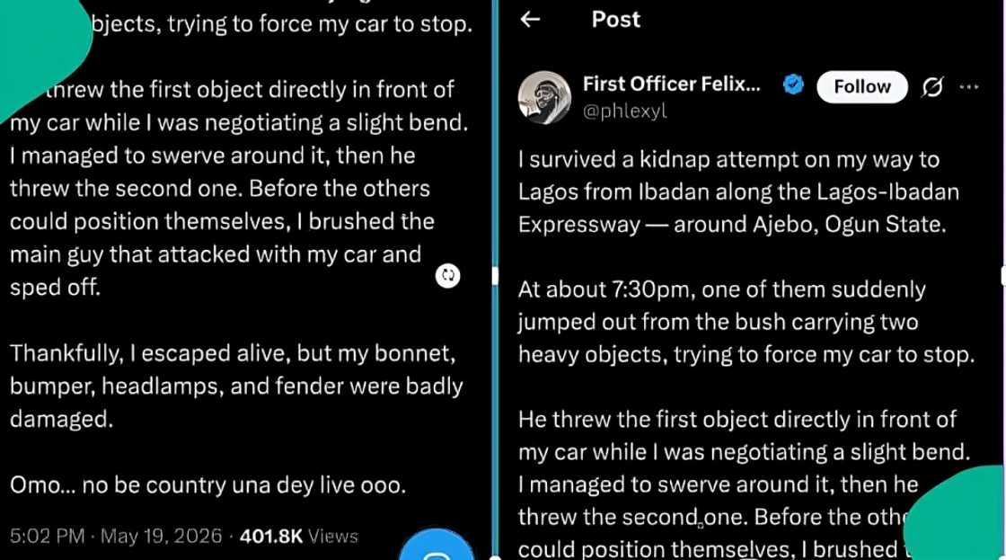 Man raises alarm after alleged kidnappers attacked along Lagos-Ibadan Expressway Man raises alarm after alleged kidnappers attacked along Lagos-Ibadan Expressway