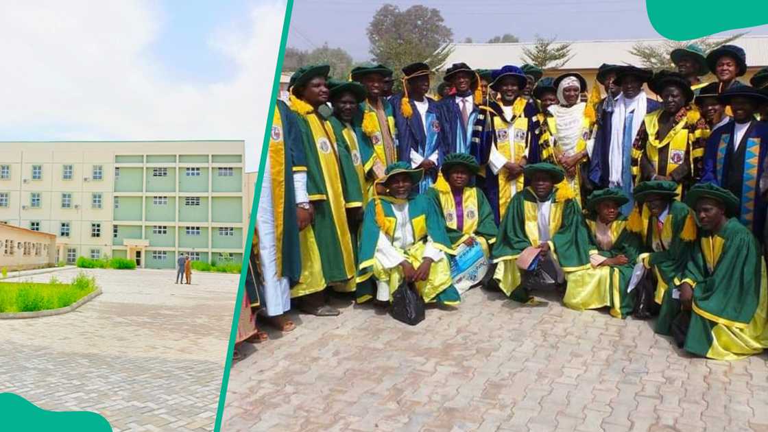 Federal Polytechnic Bauchi admission block (L). The institution's lectures in graduation gown (R)