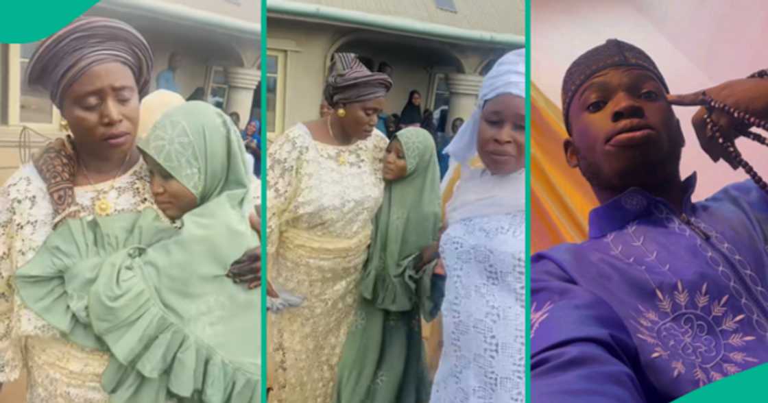 Bride cries on her wedding day, clings to mother.