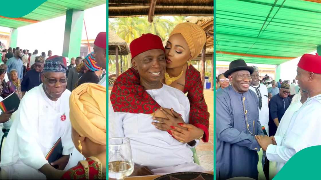 Ghana's president's inauguration: Ex-president Obasanjo, Jonathan stand to greet Regina Daniels and Ned Nwoko.