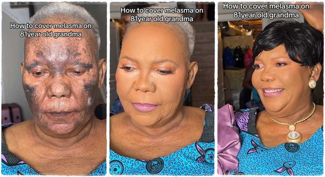 Photos of an old woman before and after makeup transformation. Photos of an old woman before and after makeup transformation.