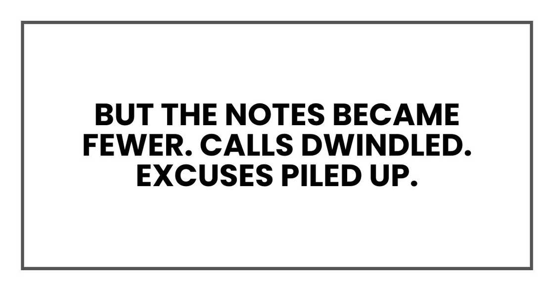 But the notes became fewer. Calls dwindled. Excuses piled up.
