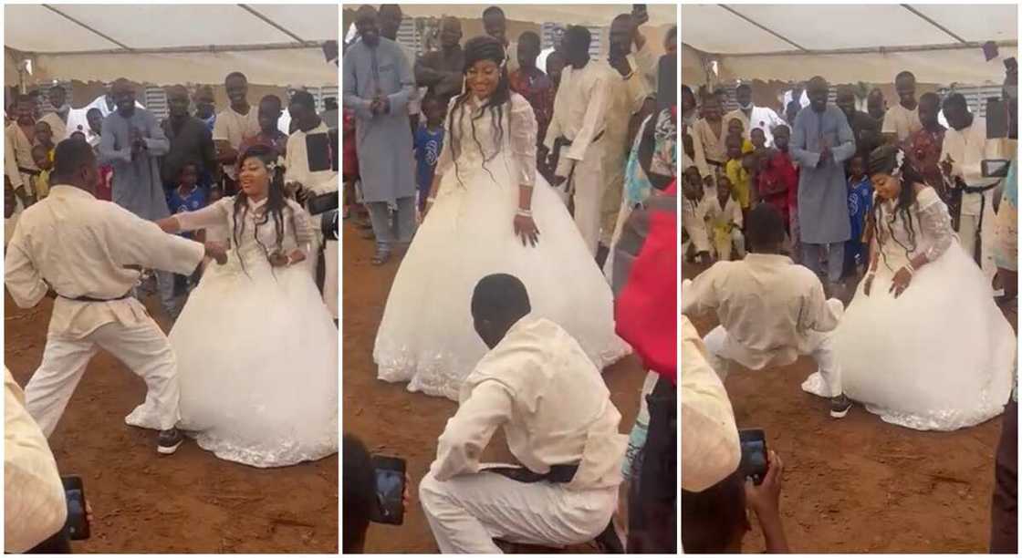 Photos of a bride performing symbolic karate moves during her wedding. Photos of a bride performing symbolic karate moves during her wedding.