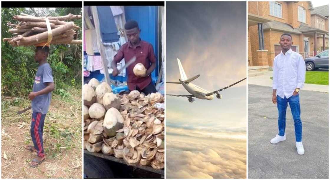 Photos of Peter Bawuah, a young man from Ghana who was a coconut seller in Ghana but has moved to Canada to study at the University of Windsor, Ontario.