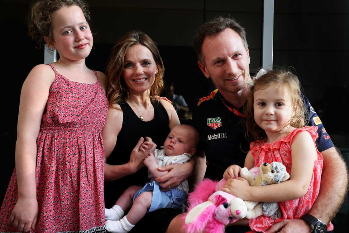 Christian Horner with Geri Horner and their children (L) Bluebell, (C) Montague and (R) Olivia poses for a photo