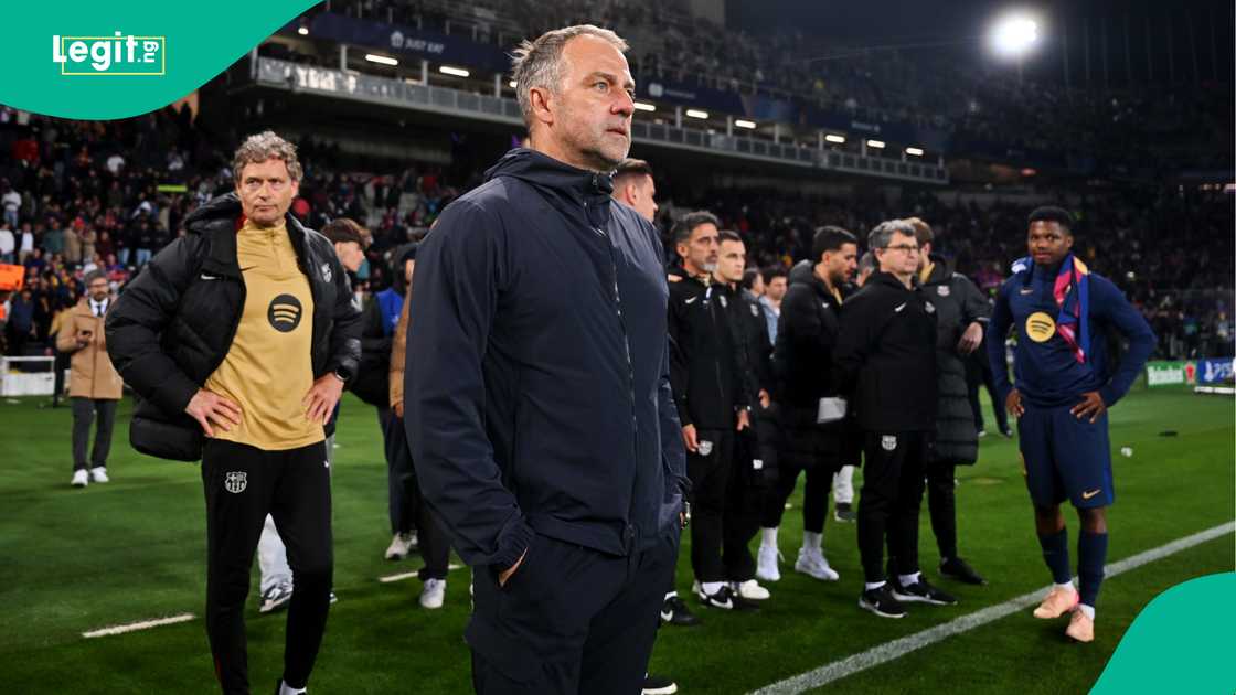 Hansi Flick, Barcelona, Inter Milan, Estadi Olimpic Lluis Companys, Barcelona, Spain, UEFA Champions League. Hansi Flick, Barcelona, Inter Milan, Estadi Olimpic Lluis Companys, Barcelona, Spain, UEFA Champions League.