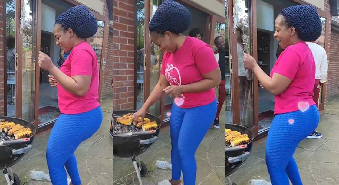 Photos of a lady dancing while roasting corn.