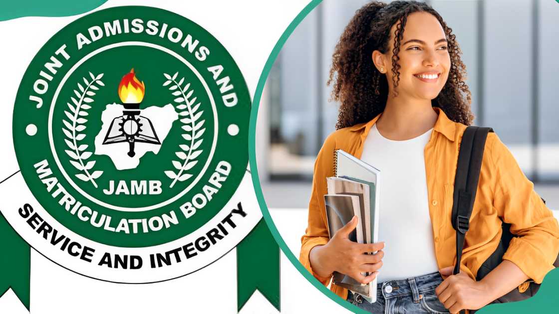 JAMB logo (L) and a female student holding books and notebooks in her hand (R) JAMB logo (L) and a female student holding books and notebooks in her hand (R)