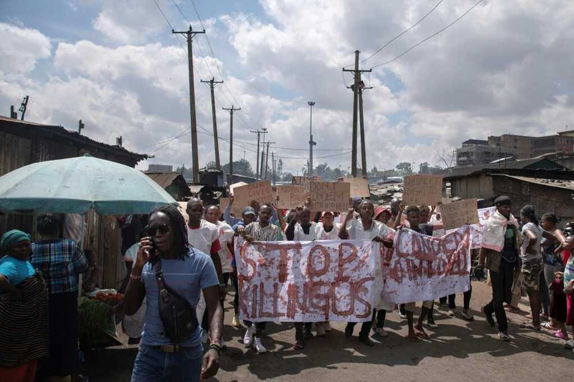 Protestors in the Nairobi slum of Mathare in April, accusing the police of executions and disappearances Protestors in the Nairobi slum of Mathare in April, accusing the police of executions and disappearances