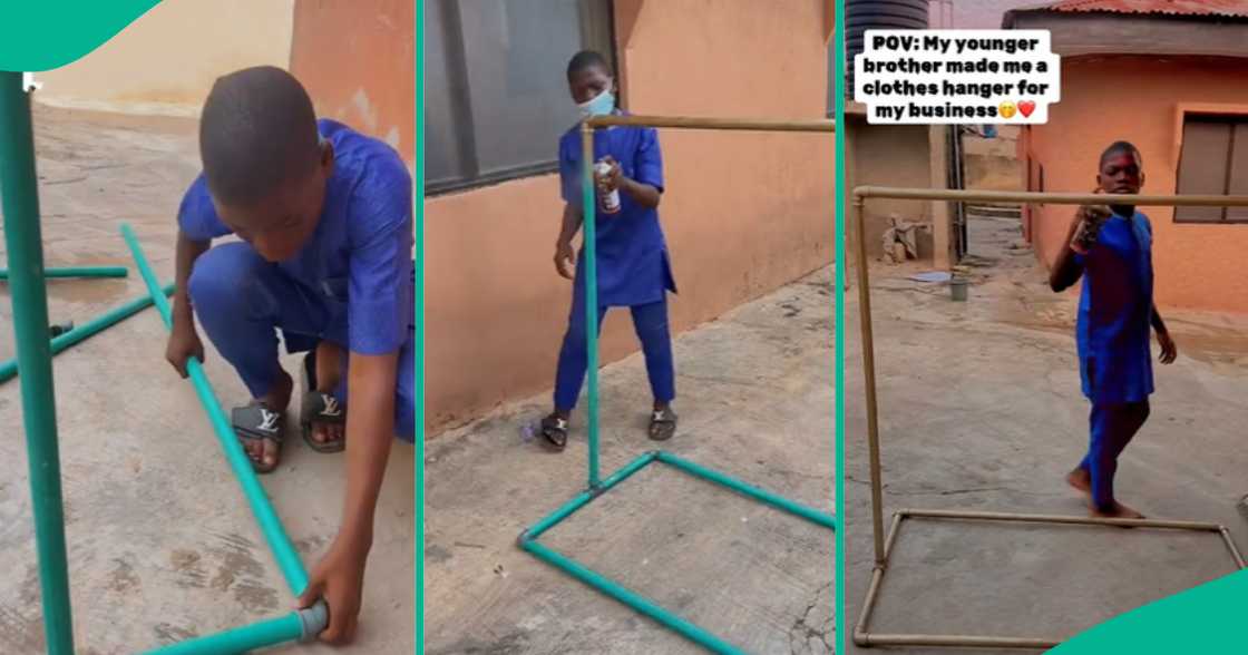 Talented Nigerian Boy Makes Beautiful Clothes Hanger With Pipes, His Sister Uses it For Business