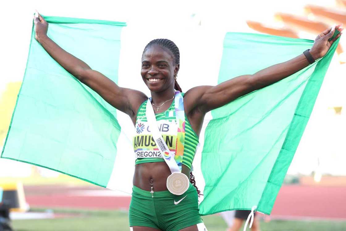 Tobi Amusan celebrates winning the 100m hurdles world title in 2022 Tobi Amusan celebrates winning the 100m hurdles world title in 2022