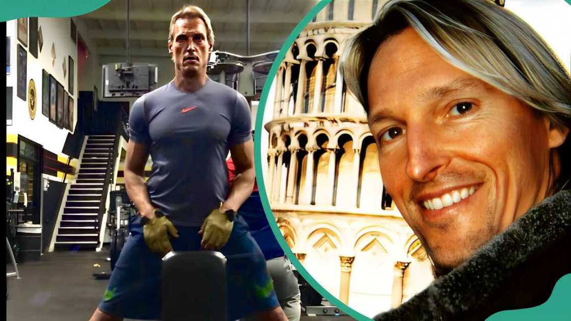 Mark Laita in a gym doing fitness exercises. Mark in front of a vintage-themed temple Mark Laita in a gym doing fitness exercises. Mark in front of a vintage-themed temple