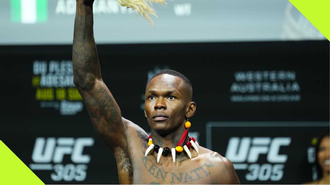 Israel Adesanya during the weighing session ahead of his fight against Dricus Du Plessis. Israel Adesanya during the weighing session ahead of his fight against Dricus Du Plessis.