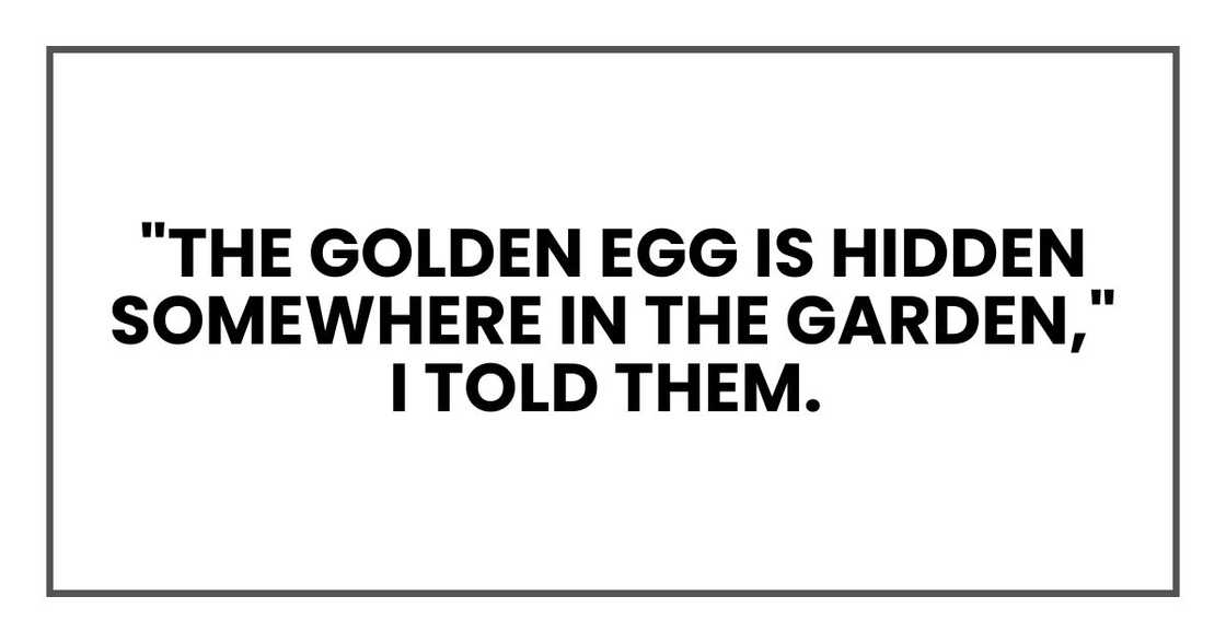 "The golden egg is hidden somewhere in the garden," I told them. "The golden egg is hidden somewhere in the garden," I told them.