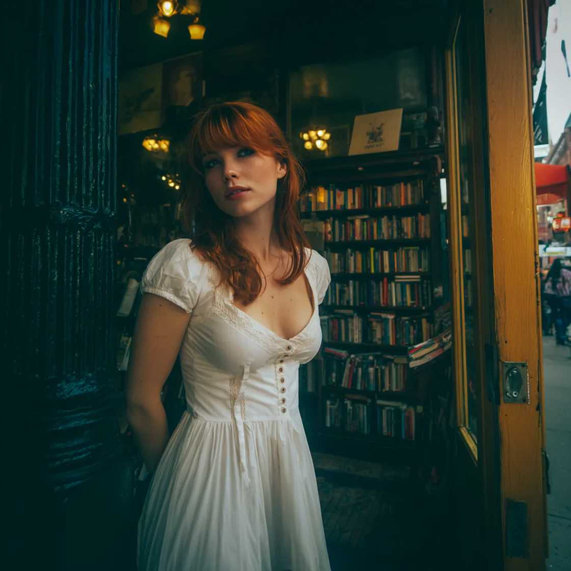 A woman standing in a bookstore A woman standing in a bookstore
