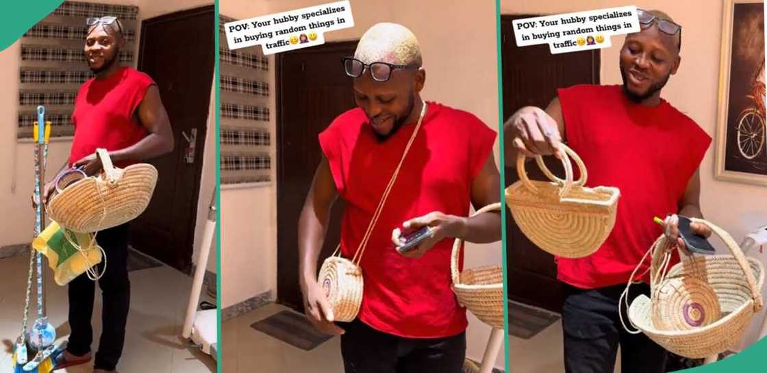 Man displays handmade rattan bag he bought for his wife.