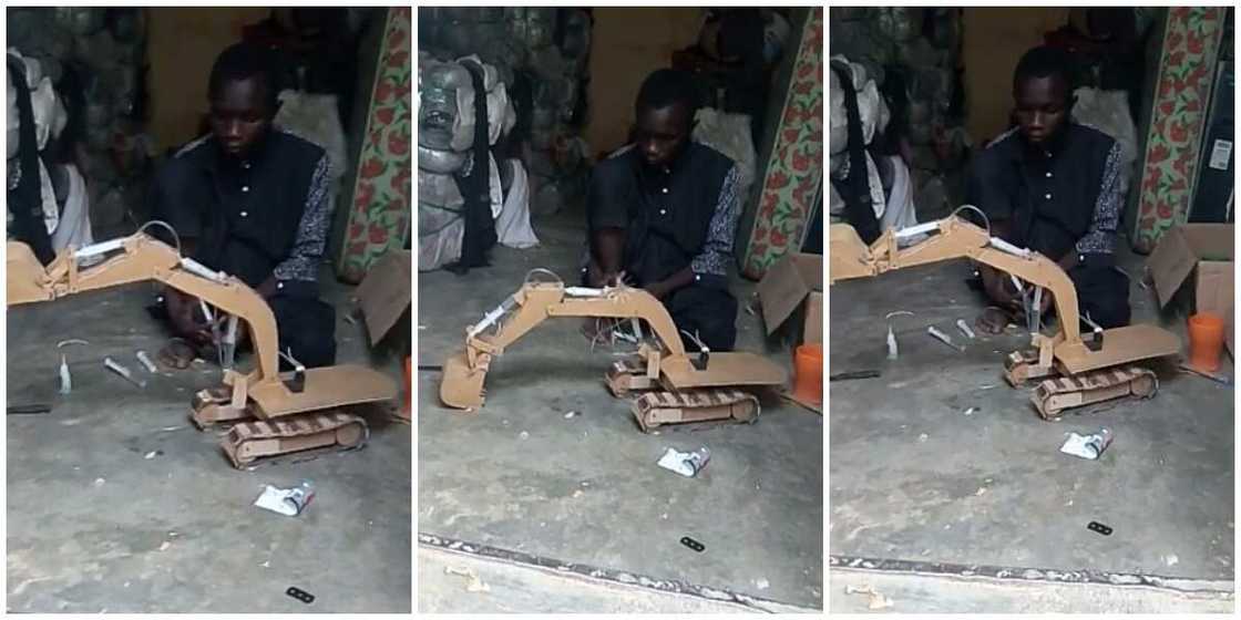 Amazing 15-year-old Nigerian boy who built an excavator that works using cartons and plank Amazing 15-year-old Nigerian boy who built an excavator that works using cartons and plank