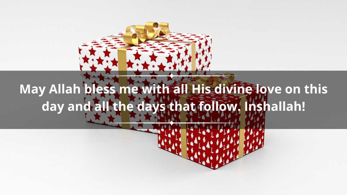 Two giftboxes wrapped in red and white gift paper and gold ribbons