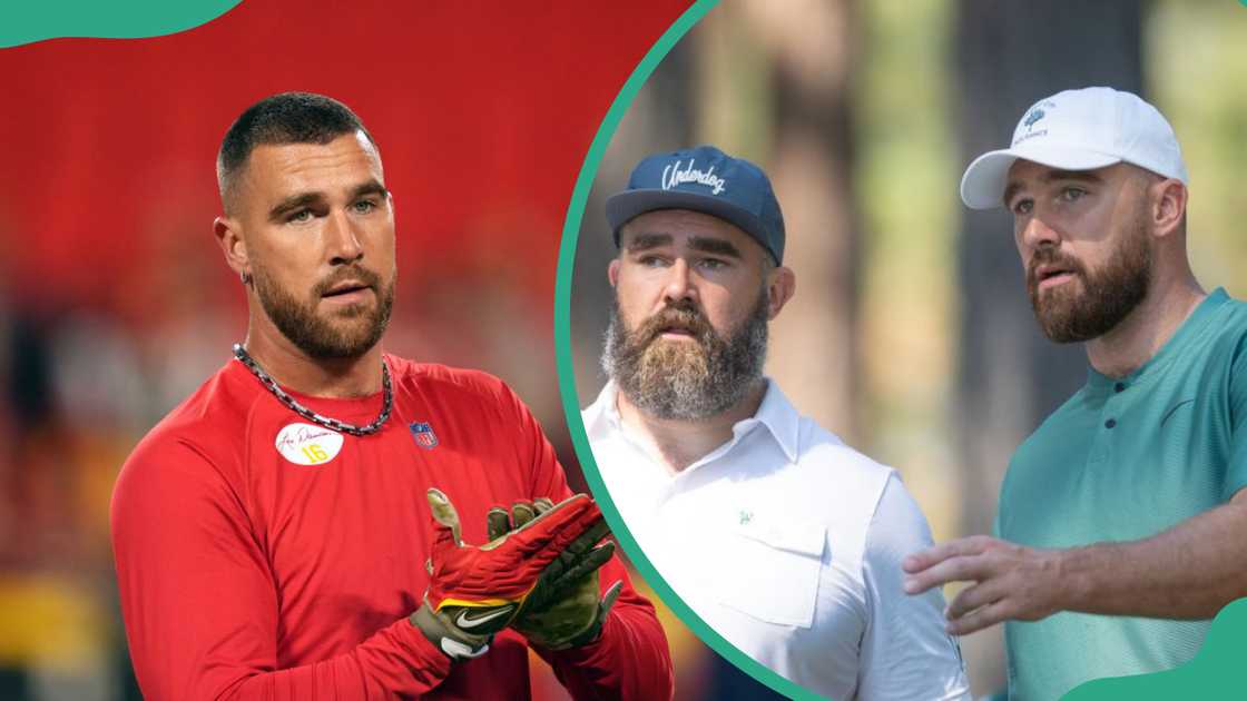 Tight end Travis Kelce #87 of the Kansas City Chiefs at Arrowhead Stadium (L) Travis Kelce and Jason Kelce at Edgewood Tahoe Golf Course (R)