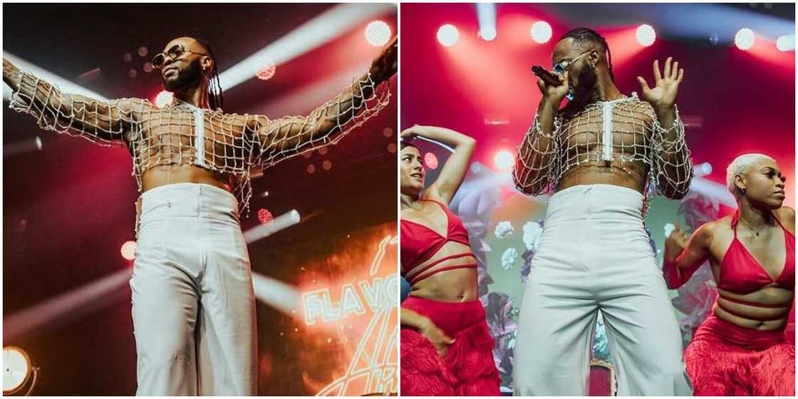 Flavour on net crop top and flare trouser at his London concert