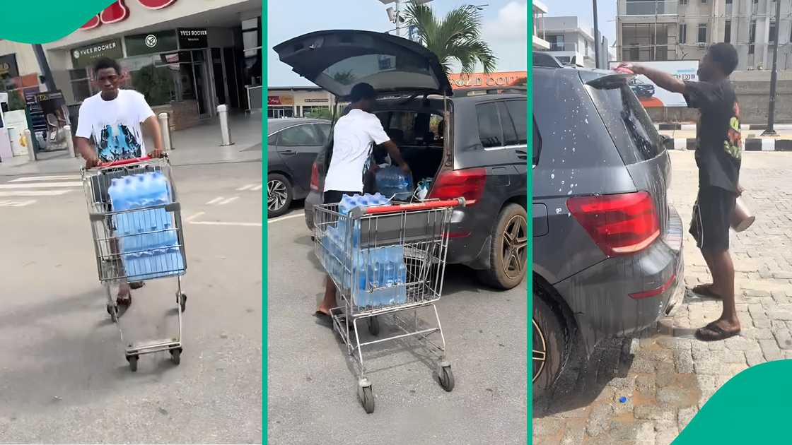 Nigerian man washes car with bottled water.