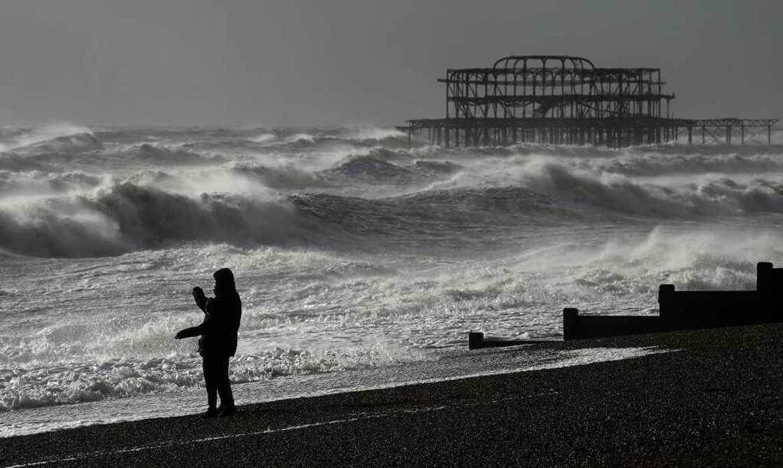 Stormy seas at Brighton, southern England in February 2022 when Storm Eunice brought high winds across the country