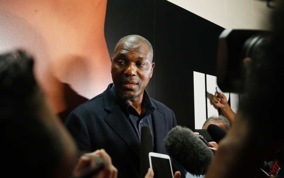 Hakeem Olajuwon talks to the media before the Houston Rockets play the Orlando Magic at Toyota Centre in Houston, Texas Hakeem Olajuwon talks to the media before the Houston Rockets play the Orlando Magic at Toyota Centre in Houston, Texas