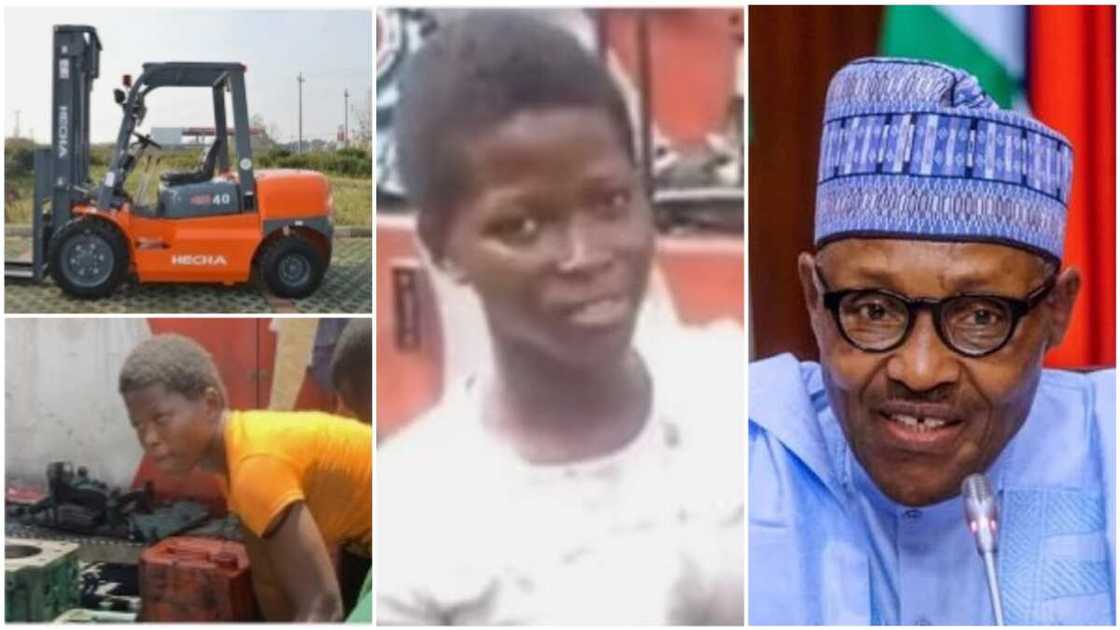 A collage showing the girl, a random picture of a forklift, and President Muhammadu Buhari. Photos sources: Twitter/@thepreciousAda/DailyPost/PkTrucks A collage showing the girl, a random picture of a forklift, and President Muhammadu Buhari. Photos sources: Twitter/@thepreciousAda/DailyPost/PkTrucks