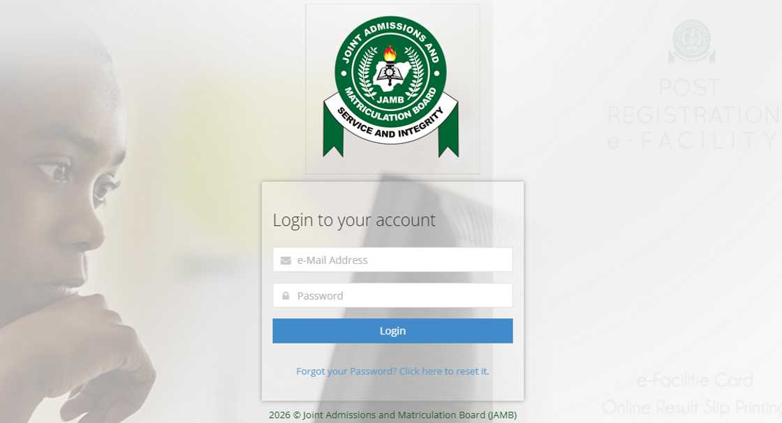 The JAMB registration portal homepage The JAMB registration portal homepage