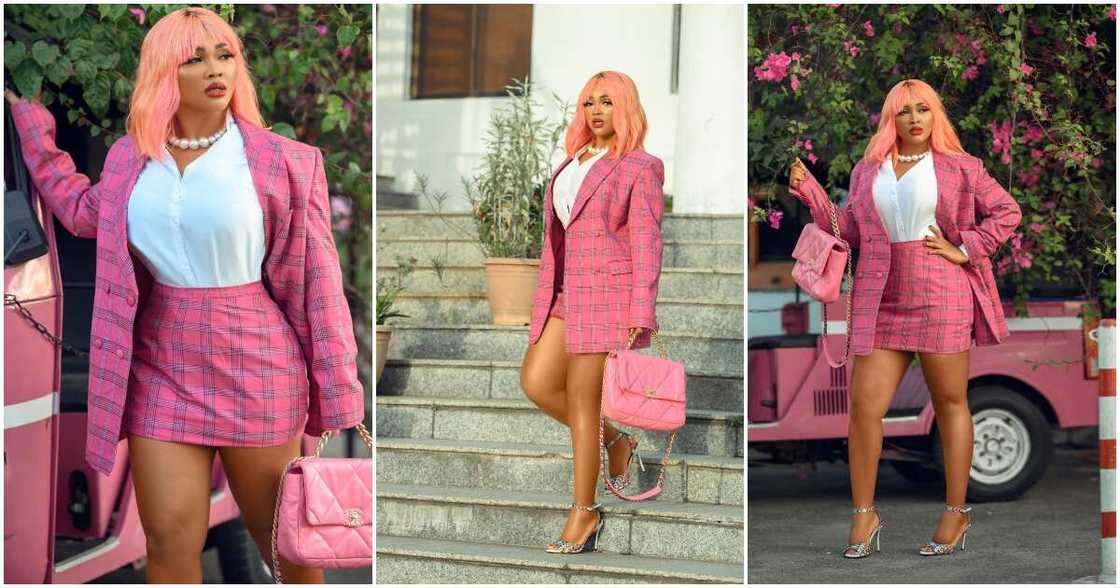 Mercy Aigbe, DJ Cuppy, pink hair, outfit & handbag, shares video Mercy Aigbe, DJ Cuppy, pink hair, outfit & handbag, shares video