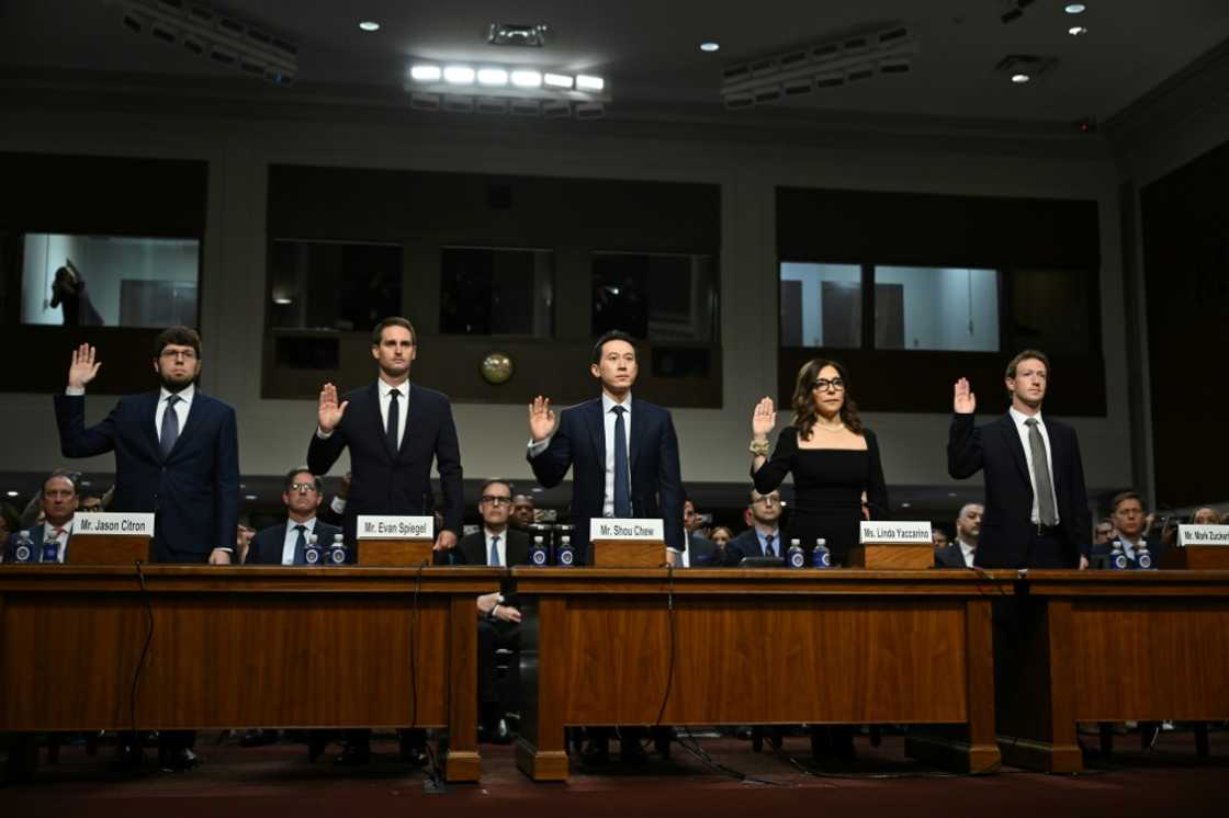 CEOs Jason Citron of Discord, Evan Spiegel of Snap, Shou Zi Chew of TikTok, Linda Yaccarino of X and Mark Zuckerberg of Meta are sworn in during a US Senate Judiciary Committee hearing