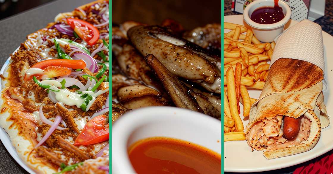 Chicken Suya pizza, Chicken Wings with sauce and a shawarma wrap with fries. Chicken Suya pizza, Chicken Wings with sauce and a shawarma wrap with fries.