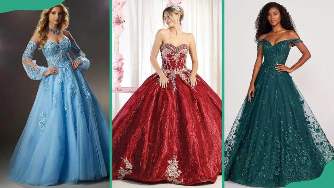 Blue ball gown (L), red ball gown (C), and jungle green ball gown (R) Blue ball gown (L), red ball gown (C), and jungle green ball gown (R)