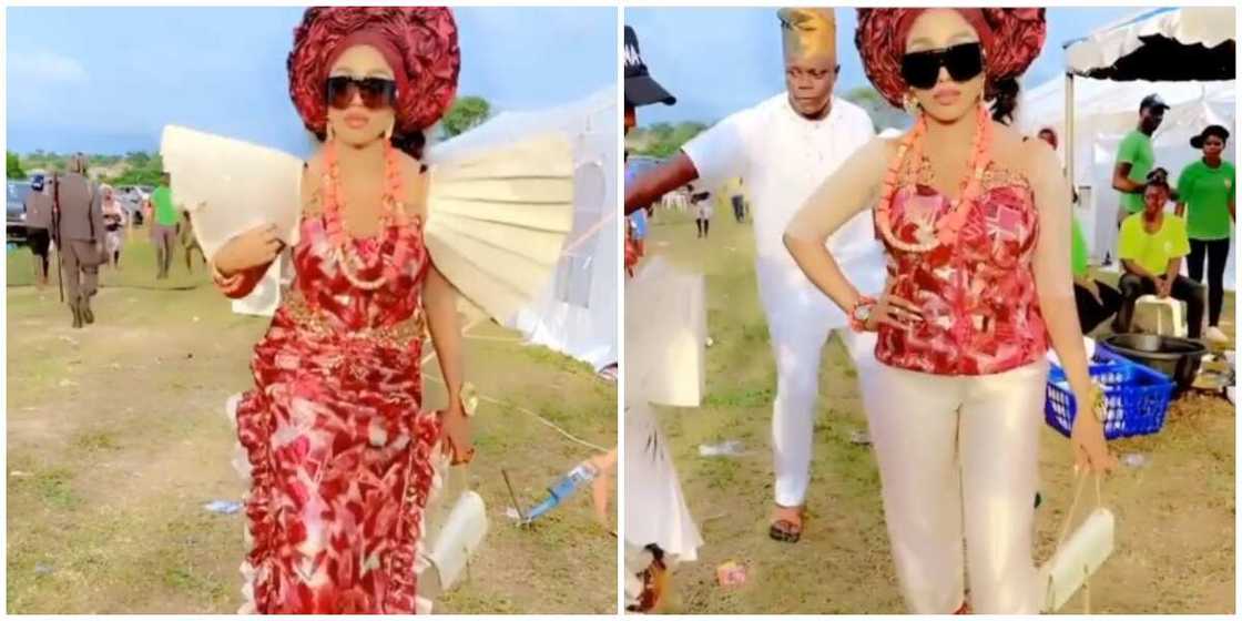 Screenshots from video of the woman transforming her dress. Screenshots from video of the woman transforming her dress.