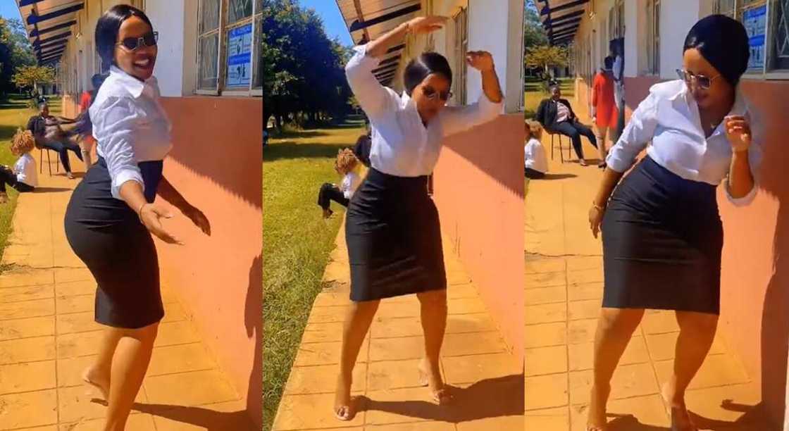 Photos of a lady dancing inside a school compound. Photos of a lady dancing inside a school compound.