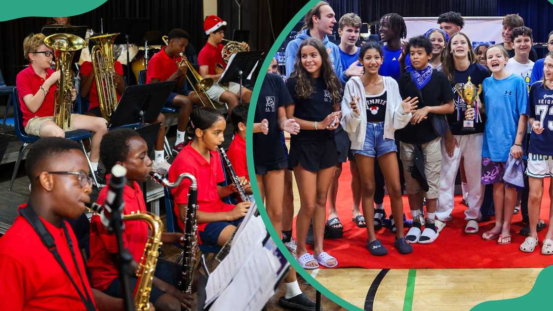 The AISL band performing and the swimming team after a competition