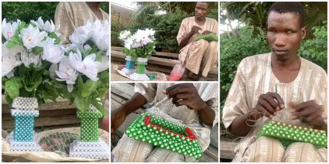 Blind Man Shows Determination and Skill, Makes Beautiful Flower Vases Using Beads in Heartwarming Photos