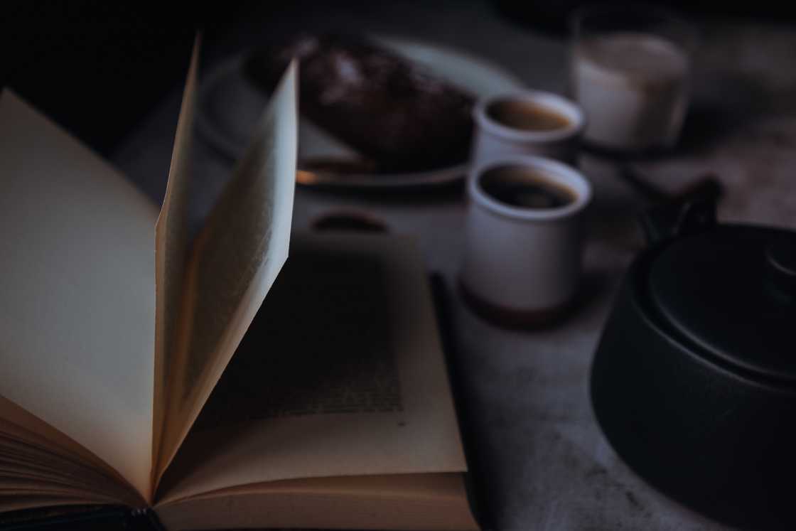 A nighttime reading scene with an open book with coffee cups on a desk. A nighttime reading scene with an open book with coffee cups on a desk.