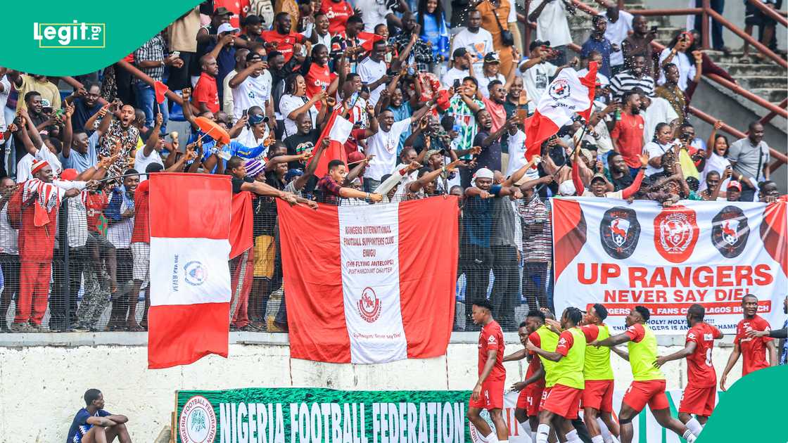 Enugu Rangers team celebrating with their fans at the Mobolaji Johnson Arena, Lagos. Photo: Victor Modo Enugu Rangers team celebrating with their fans at the Mobolaji Johnson Arena, Lagos. Photo: Victor Modo