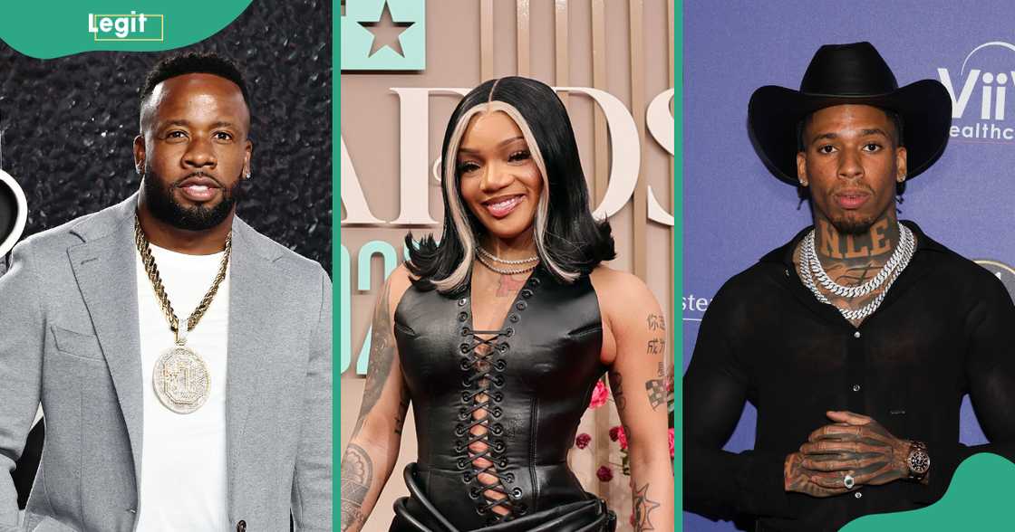 Yo Gotti (L), Glorilla (C), and NLE Choppa (R) pose on the red carpet at different events. Yo Gotti (L), Glorilla (C), and NLE Choppa (R) pose on the red carpet at different events.