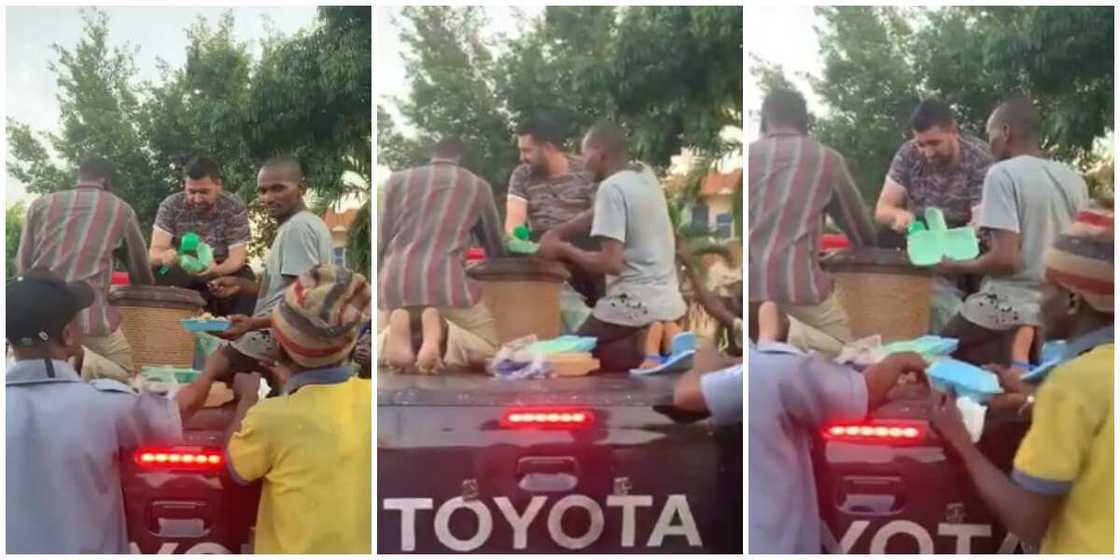 Nigerian White Man Feeds 150 People From the Top of a Car, Video Goes Viral, Sparks Huge Reactions Nigerian White Man Feeds 150 People From the Top of a Car, Video Goes Viral, Sparks Huge Reactions