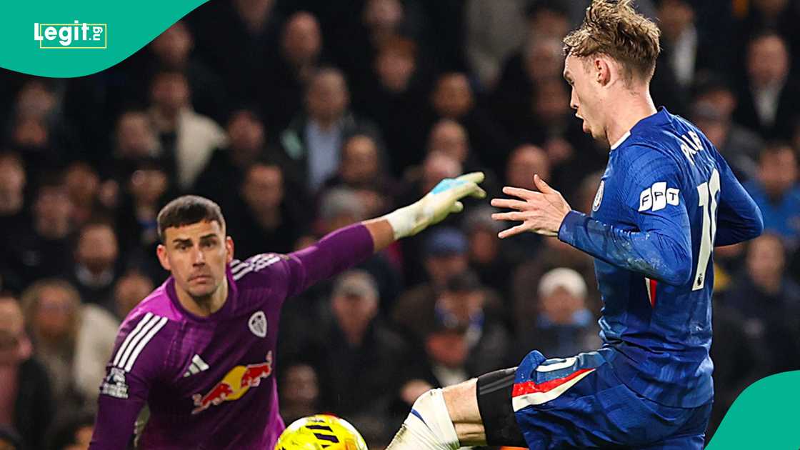 Chelsea’s Cole Palmer reacts after missing a clear scoring chance during the match against Leeds as the moment goes viral online.