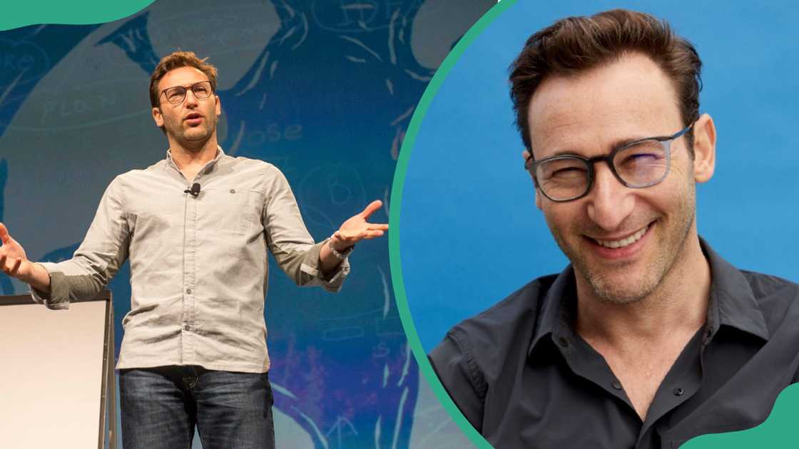 Simon Sinek speaking to a congregation (L), and posing for a picture in a black shirt smiling (R). Simon Sinek speaking to a congregation (L), and posing for a picture in a black shirt smiling (R).