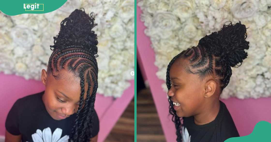 A woman shows off her passion twists with Fulani braids in an updo.